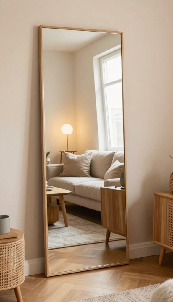 A beautifully designed small living space that showcases the use of mirrors to create depth and enhance proportions. In the foreground, a large, elegantly framed mirror reflects soft, warm lighting that fills the room. The middle ground features stylish furniture arranged thoughtfully, emphasizing a cozy atmosphere without crowding. On one side, light pastel walls complement wooden accents and plush textiles, creating harmony. In the background, a window allows natural light to stream in, highlighting the mirror's reflective properties and giving an airy feeling. The overall mood is inviting and tranquil, evoking a contemporary Pinterest aesthetic for small spaces. The scene subtly incorporates design elements from the brand WohnKiste, emphasizing functionality and style in modern living.