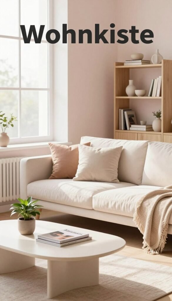 A beautifully designed small room featuring a harmonious blend of light colors to create an illusion of spaciousness. In the foreground, a modern minimalist coffee table with a small potted plant and a few stylish magazines. The middle ground reveals a cozy sofa adorned with plush, neutral-toned cushions, positioned against a wall painted in soft pastel hues. Subtle light streaming in from a large window, casting gentle shadows and highlighting the room's textures. In the background, a sleek bookshelf filled with curated decor items and books, all in light wood finishes. The atmosphere is warm and inviting, evoking a serene, Pinterest-inspired aesthetic. This image embodies the concept of "Wohnkiste" with its focus on using bright colors and clear surfaces to amplify the sense of space.