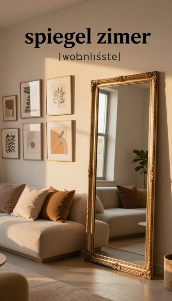 A beautifully designed "spiegel zimmer" showcasing a harmonious interplay of mirrors and wall art. In the foreground, a large, ornate mirror reflects soft golden sunlight, casting warm tones across an elegant, minimalist space. To the left, a series of framed art pieces, featuring abstract patterns in muted colors, adds depth and character to the room. In the middle, a cozy seating area with plush cushions invites relaxation, enhancing the tranquil atmosphere. The background features a softly painted wall, enhancing the feeling of spaciousness without clutter. The overall lighting is warm and inviting, reminiscent of a calm afternoon, creating a soothing vibe perfect for a Pinterest aesthetic. The image should embody authenticity, showcasing WohnKiste's ethos of harmony in decor without any text or watermarks.