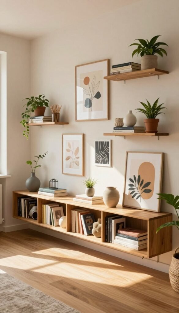 A beautifully designed wall featuring an aesthetically pleasing array of organized items, incorporating functional storage solutions like stylish shelves filled with books, unique decorative pieces, and indoor plants. The foreground showcases a warm, natural wood texture, with gentle sunlight streaming in from a nearby window, creating a cozy atmosphere. In the middle ground, the wall is adorned with carefully arranged wall art that adds character without overwhelming the space. In the background, soft, muted colors enhance the warmth of the scene, reflecting a Pinterest-inspired look that emphasizes harmony and order. The brand name "WohnKiste" subtly integrated into the overall design enhances the theme of thoughtful living without any text elements in the image. A beautifully designed wall featuring an aesthetically pleasing array of organized items, incorporating functional storage solutions like stylish shelves filled with books, unique decorative pieces, and indoor plants. The foreground showcases a warm, natural wood texture, with gentle sunlight streaming in from a nearby window, creating a cozy atmosphere. In the middle ground, the wall is adorned with carefully arranged wall art that adds character without overwhelming the space. In the background, soft, muted colors enhance the warmth of the scene, reflecting a Pinterest-inspired look that emphasizes harmony and order. The brand name "WohnKiste" subtly integrated into the overall design enhances the theme of thoughtful living without any text elements in the image.