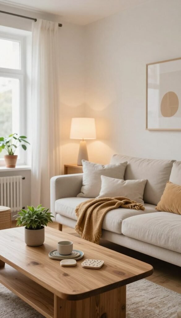 A beautifully designed, well-lit living space, showcasing a cozy and inviting atmosphere. In the foreground, a stylish wooden coffee table adorned with a small plant and artisanal coasters. The middle ground features a comfortable couch with plush cushions and a warm throw blanket, alongside a mix of chic, affordable lighting fixtures that cast a soft, inviting glow. In the background, light-colored walls adorned with minimalistic decor, enhancing the room's brightness. A large window allows natural light to pour in, creating a serene ambiance. The overall color palette consists of warm tones, reminiscent of natural materials, with accents in white and pastel colors, all reflecting the aesthetic of WohnKiste. The image embodies a Pinterest-inspired aesthetic, emphasizing affordable elegance without any text or labels.