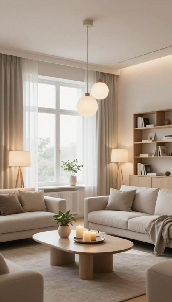 A beautifully illuminated modern living room designed to appear spacious and airy. In the foreground, a stylish coffee table with soft decorative elements like candles and a small potted plant. The middle section features a large window with sheer curtains allowing natural light to flood in, complemented by multiple elegant light sources such as pendant lights and floor lamps, casting warm, inviting tones throughout the space. The background reveals a minimalist bookshelf and a cozy seating area, all showcasing soothing color palettes of beige, soft whites, and light greys. The atmosphere is serene and inviting, embodying the aesthetic of WohnKiste, with a Pinterest-inspired look that emphasizes openness and brightness, highlighting the importance of lighting in creating a larger-feeling room. No text, logos, or watermarks in the image.
