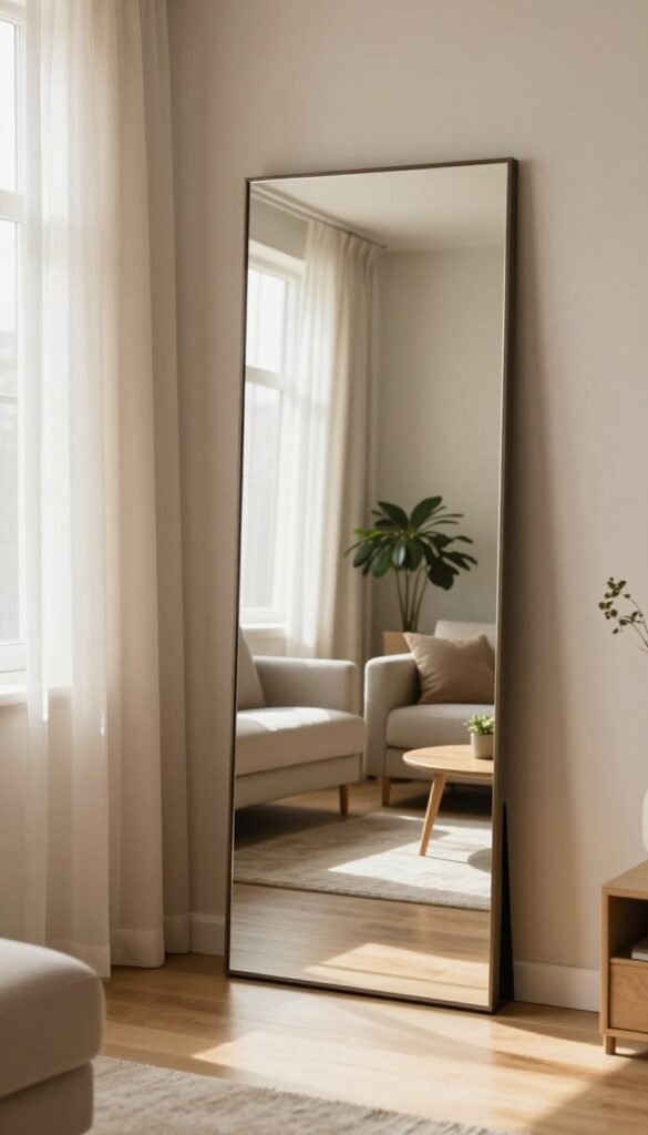 A beautifully lit interior scene featuring a strategically placed mirror that enhances natural light without overwhelming the space. In the foreground, the mirror reflects soft, warm sunlight streaming in through a large window adorned with sheer curtains. The middle ground showcases a minimalistic living room with tasteful decor, including a cozy sofa and a small coffee table, creating an inviting atmosphere. In the background, light-colored walls and potted greenery add a touch of freshness. The overall mood is calm and serene, capturing the essence of utilizing mirrors as light amplifiers. The image has a Pinterest-inspired aesthetic, emphasizing natural textures and warm colors, perfectly representing the brand WohnKiste. The composition is balanced, without any visual clutter, ensuring a harmonious and elegant look that is safe for all viewers.