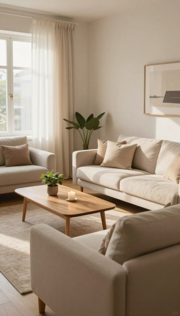A beautifully minimalist living room set to create a warm and inviting atmosphere. In the foreground, a soft, neutral-colored sofa adorned with cozy, textured cushions sits invitingly. The middle section features a sleek, wooden coffee table with a small plant and a lit candle, conveying a sense of serenity. The background showcases a light-filled window with sheer curtains, allowing natural sunlight to filter through, casting gentle shadows across the space. The walls are painted in soft, warm tones, enhancing the cozy feel while a few carefully selected art pieces hang elegantly. The overall aesthetic is authentic and Pinterest-perfect, showcasing a harmonious balance of minimalism without feeling cold. This is the ideal embodiment of "WohnKiste" style.