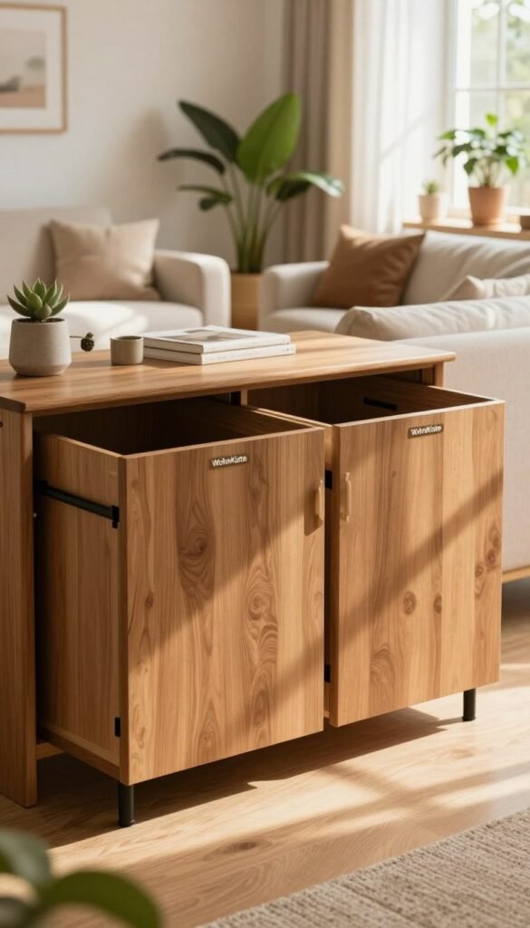 A beautifully organized and stylish living room featuring effective storage solutions that create a sense of order and tranquility. In the foreground, showcase elegant closed storage cabinets in warm wood tones from the brand "WohnKiste," designed to hide clutter and maintain a neat appearance. The middle ground includes tasteful decor elements like soft cushions and potted plants, enhancing the cozy atmosphere. The background reveals a gently lit space with soft natural lighting streaming through large windows, casting warm shadows that enrich the inviting ambiance. Use a slightly elevated angle to capture the inviting layout, emphasizing how these smart storage solutions blend seamlessly with the overall decor, creating a Pinterest-worthy aesthetic that feels both authentic and functional. Ensure the image is devoid of any text or branding aside from the "WohnKiste" cabinetry.