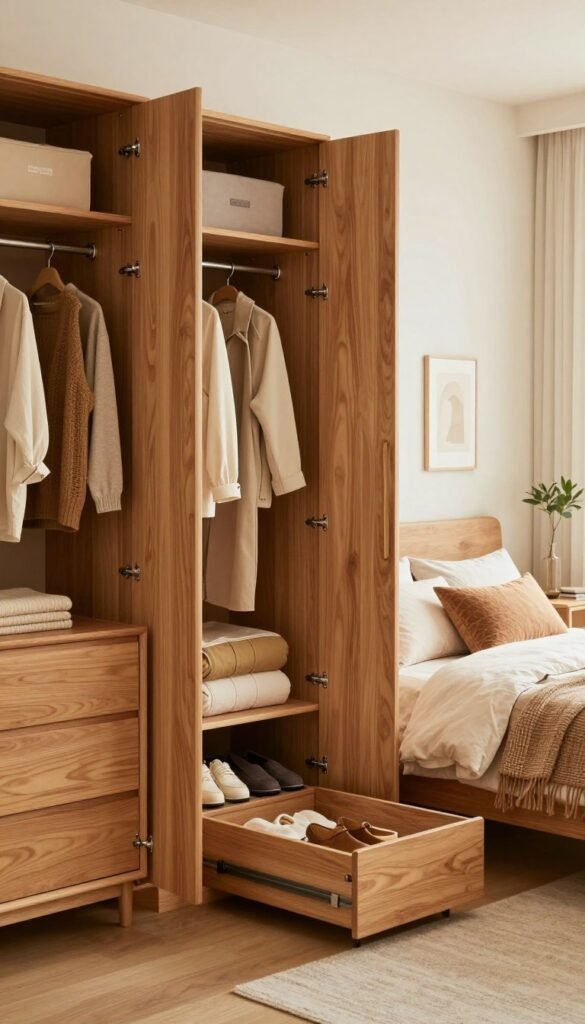 A beautifully organized bedroom featuring a cozy and stylish wardrobe that showcases ample storage space. In the foreground, display a modern wooden "Kleiderschrank" with open doors revealing neatly arranged clothes, demonstrating optimal storage solutions, alongside a chic commode and under-bed storage solutions. The middle ground includes a soft, inviting bed adorned with warm-colored linens and decorative pillows that match the wardrobe's hues. In the background, a serene atmosphere with soft, natural lighting creating a calm mood. The room is decorated in a Pinterest-inspired aesthetic with warm earthy tones and minimalistic decor. The branding "WohnKiste" subtly integrated into the scene, ensuring an authentic look without text overlays.
