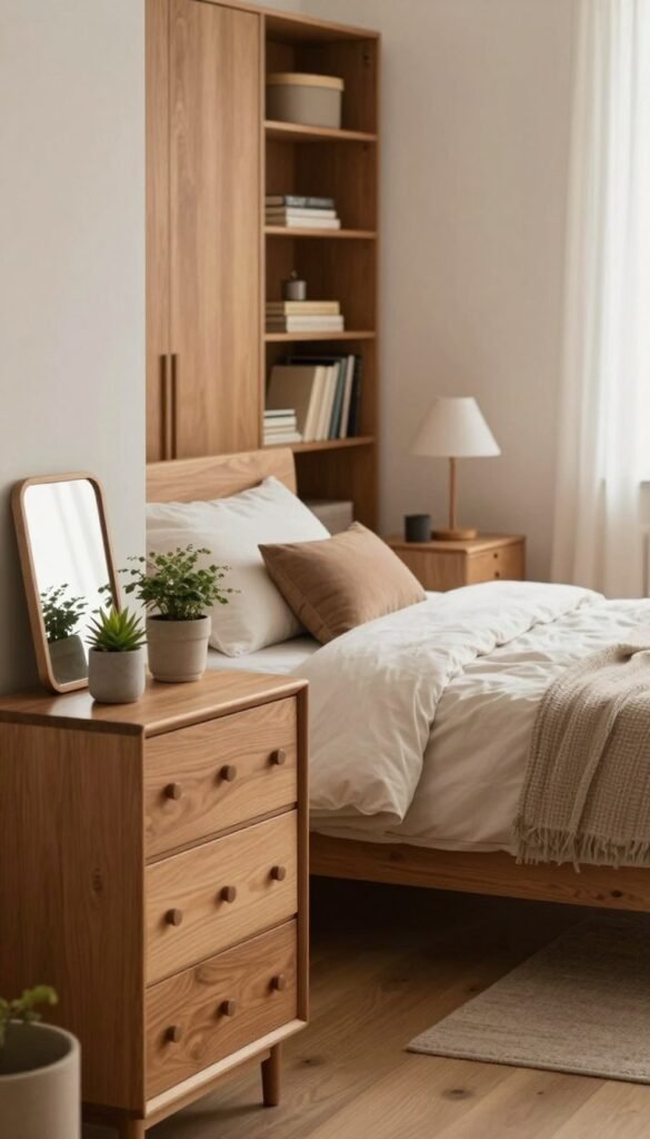 A beautifully organized bedroom featuring practical storage solutions that are stylish and functional. In the foreground, a minimalist wooden chest of drawers in a warm tone, topped with a few decorative plants and a small mirror, creates an inviting atmosphere. In the middle, a neatly made bed with soft, neutral-colored linens, complemented by an assortment of cushions, is positioned next to a sleek bedside table holding a reading lamp. The background showcases an elegant wardrobe and open shelving filled with neatly arranged books and decorative boxes, all bathed in natural light. The overall mood is warm and cozy, evoking a sense of tranquility. Capture this scene with a soft focus effect, as if viewed through a cozy lens, emphasizing the design brand “WohnKiste.”