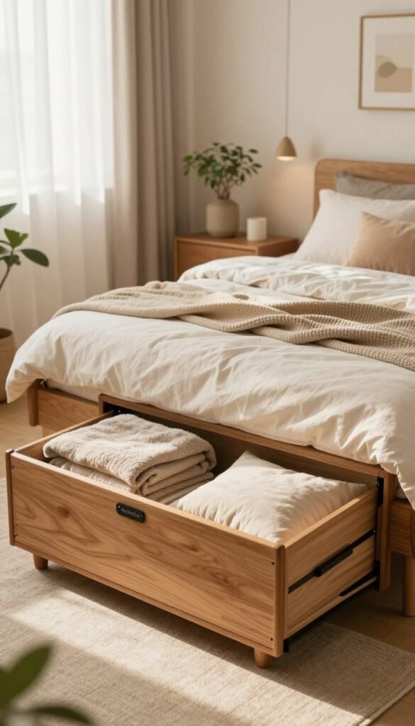 A beautifully organized bedroom showcasing a "WohnKiste" storage solution for a serene atmosphere. In the foreground, a stylish wooden chest is open, revealing neatly arranged blankets and cushions, hinting at efficient storage. The middle ground features a cozy bed with soft, neutral-toned bedding, surrounded by well-placed decorative accents like potted plants and gentle lighting. The background reveals a softly lit room with light cream walls and calming decorations, contributing to a tranquil mood. Natural light streams through sheer curtains, creating warm tones, while the camera angle is slightly elevated to capture the harmonious layout. The overall feel is authentic, aiming for a Pinterest aesthetic that inspires feelings of calm and order, devoid of any text or distractions.