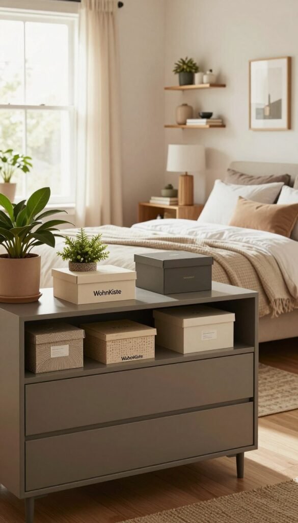 A beautifully organized bedroom showcasing clever storage solutions that exude functionality and style. In the foreground, a modern dresser with neatly arranged decorative boxes and plants, emphasizing a clutter-free space. The middle ground features a cozy bed with soft, neutral-toned bedding and an elegant nightstand adorned with a lamp and a book, complemented by stylish wall shelves displaying curated decor items. In the background, a light-filled room with large windows allowing warm, natural light to flood in, creating a serene ambiance. The overall atmosphere should convey a sense of tranquility and order, reflecting a Pinterest-inspired aesthetic. Focus on a harmonious blend of earthy tones and textures, showcasing the brand 'WohnKiste' without any text or logos in the image.