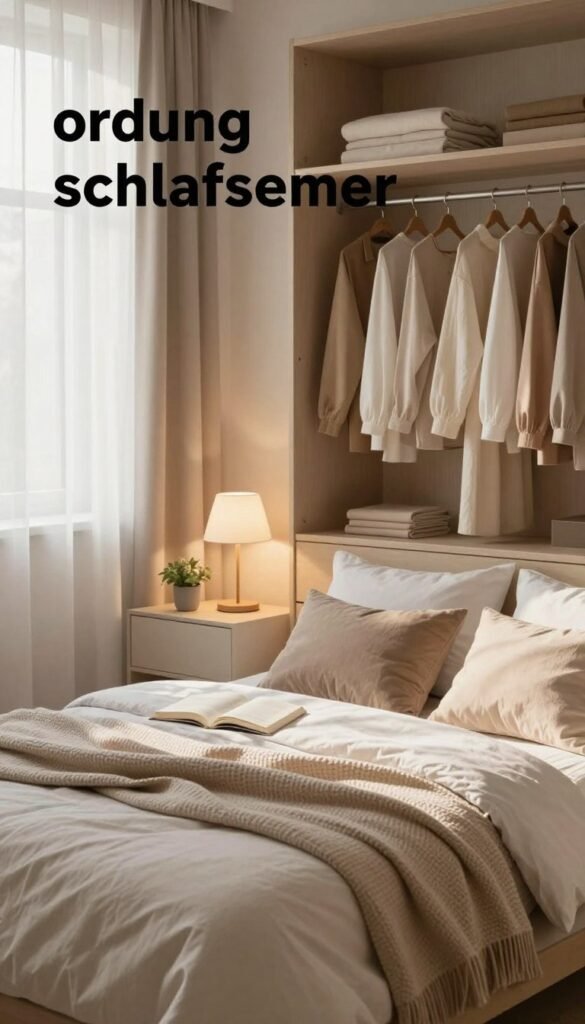 A beautifully organized bedroom that embodies "ordnung schlafzimmer," designed by WohnKiste. In the foreground, an inviting neatly made bed with cozy, textured blankets and several decorative pillows. The middle area features a clean, stylish nightstand with a lamp radiating warm light, a small plant, and an open book. To the side, a well-arranged wardrobe showcasing minimalist clothing in soft colors, neatly hung. In the background, a serene window with sheer curtains allowing natural light to filter in, casting gentle shadows across the room. The overall atmosphere is calming and harmonious, with warm color tones and a Pinterest-inspired aesthetic that emphasizes simplicity and clarity. The image should evoke a sense of tranquility and organization, free of clutter or chaos. A beautifully organized bedroom that embodies "ordnung schlafzimmer," designed by WohnKiste. In the foreground, an inviting neatly made bed with cozy, textured blankets and several decorative pillows. The middle area features a clean, stylish nightstand with a lamp radiating warm light, a small plant, and an open book. To the side, a well-arranged wardrobe showcasing minimalist clothing in soft colors, neatly hung. In the background, a serene window with sheer curtains allowing natural light to filter in, casting gentle shadows across the room. The overall atmosphere is calming and harmonious, with warm color tones and a Pinterest-inspired aesthetic that emphasizes simplicity and clarity. The image should evoke a sense of tranquility and organization, free of clutter or chaos.