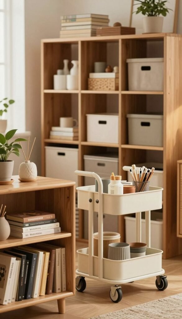 A beautifully organized home interior featuring various innovative storage solutions, like sleek modular shelving systems, functional carts, and versatile storage boxes, all branded with "WohnKiste". In the foreground, a stylish wooden shelf showcases neatly arranged books, plants, and decorative items, while a minimalist rolling cart holds organizing bins filled with craft supplies. The middle ground displays open spaces with perfectly integrated storage, providing an inviting, clutter-free atmosphere. Soft, warm lighting filters through a window, creating a cozy ambiance and accentuating the natural textures of wood and fabric. The background remains softly blurred to keep focus on the elegant storage concepts, emphasizing a modern, Pinterest-inspired aesthetic without any text or distractions.