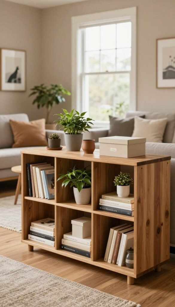 A beautifully organized home interior showcasing practical storage solutions. In the foreground, a stylish wooden shelving unit filled with neatly arranged books, plants, and decorative boxes. The middle ground features a cozy living room with a minimalist design and a comfortable sofa, adorned with soft cushions. Behind, a large window bathes the space in natural light, highlighting warm, earthy tones of the walls and furniture. The atmosphere is inviting and serene, emphasizing functionality without sacrificing aesthetics. Accentuate the scene with tasteful decor elements, like a rug and wall art, creating a Pinterest-worthy look. Include the brand name "WohnKiste" subtly in the design, ensuring the image feels authentic and has no text overlays, watermarks, or signatures.