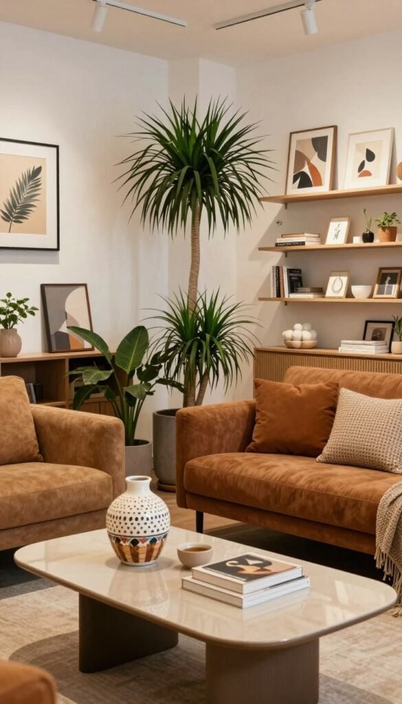 A beautifully organized interior space that showcases contrasting heights and a harmonious color palette in warm tones, embodying a Pinterest-inspired aesthetic. In the foreground, a stylish coffee table adorned with a decorative vase and books occupies the center, inviting light reflections. The middle ground features a mix of tall and short plants, creating vertical interest, alongside an elegant sofa dressed in inviting fabrics. The background reveals a well-curated display of artwork and shelves, adding depth while maintaining a clear sense of order. Soft, diffused lighting bathes the scene, enhancing the inviting atmosphere. The overall composition suggests a balanced and stylish environment that inspires organization, with an emphasis on natural materials and an authentic feel. This image reflects the brand WohnKiste, embodying the essence of contemporary, organized living without any text or watermarks. A beautifully organized interior space that showcases contrasting heights and a harmonious color palette in warm tones, embodying a Pinterest-inspired aesthetic. In the foreground, a stylish coffee table adorned with a decorative vase and books occupies the center, inviting light reflections. The middle ground features a mix of tall and short plants, creating vertical interest, alongside an elegant sofa dressed in inviting fabrics. The background reveals a well-curated display of artwork and shelves, adding depth while maintaining a clear sense of order. Soft, diffused lighting bathes the scene, enhancing the inviting atmosphere. The overall composition suggests a balanced and stylish environment that inspires organization, with an emphasis on natural materials and an authentic feel. This image reflects the brand WohnKiste, embodying the essence of contemporary, organized living without any text or watermarks.