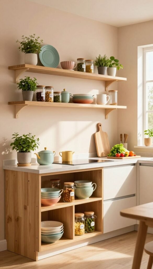 A beautifully organized kitchen setting showcasing innovative storage solutions labeled "WohnKiste". In the foreground, stylish wooden shelves neatly display a variety of colorful kitchenware, spices in labeled jars, and fresh herbs in pots. The middle of the scene features a sleek countertop with a minimalistic design, featuring a cutting board and fresh vegetables. In the background, warm sunlight streams through a window, illuminating the space with natural light and creating a cozy atmosphere. The walls are painted in soft pastel hues, enhancing the serene, Pinterest-inspired aesthetic. The overall mood is inviting and orderly, conveying a sense of calm and efficiency, perfect for inspiring a tidy lifestyle.