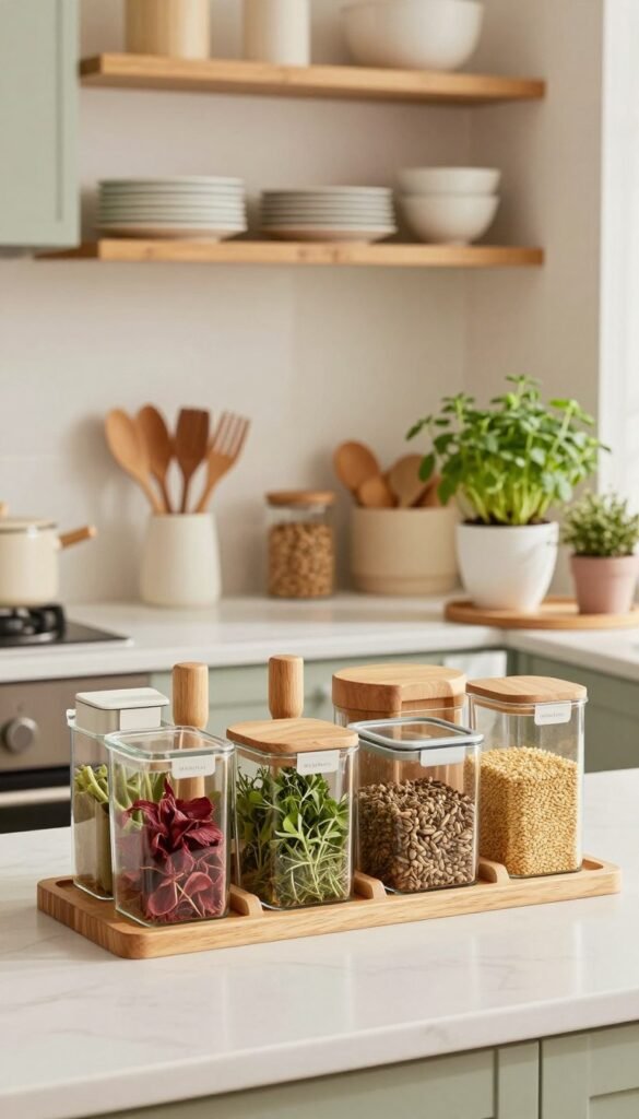A beautifully organized kitchen with a fresh, Pinterest-inspired aesthetic, featuring warm colors and natural light. In the foreground, showcase stylish storage solutions such as wooden spice racks and glass containers filled with colorful herbs and grains. The middle ground should highlight a neat countertop with neatly arranged utensils and a small indoor herb garden in charming pots. In the background, a subtle, inviting view of open shelves displaying neatly stacked plates and decorative bowls adds depth. Soft, diffused lighting creates a warm atmosphere, enhancing the sense of order and tranquility. The overall mood is one of practical elegance, reflecting the brand "WohnKiste" prominently through well-placed decor items that inspire organization and beauty in small spaces.