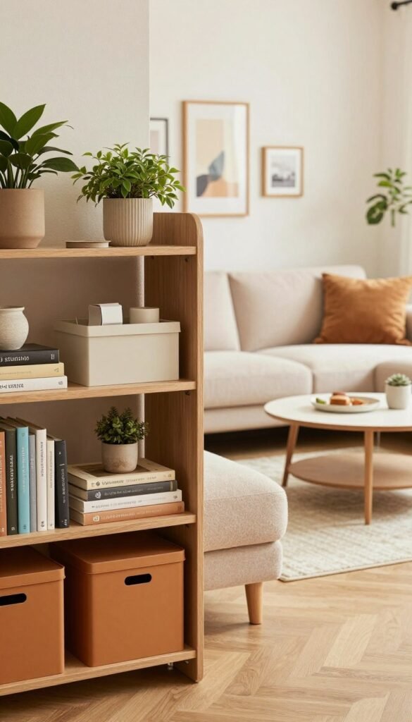 A beautifully organized living room featuring a stylish "stauraum" solution, showcasing a modern shelving unit from WohnKiste. In the foreground, the unit displays neatly arranged books, decorative plants, and minimalist storage boxes in warm, inviting colors. The middle ground features a cozy seating area with a plush sofa and a chic coffee table, all bathed in soft, natural lighting that creates a serene ambiance. The background offers hints of a well-decorated wall with tasteful artwork and framed pictures, enhancing the harmonious feel of the space. Capture this scene from a slightly angled perspective, emphasizing depth while maintaining an authentic Pinterest aesthetic that radiates warmth and tranquility without any text or distractions. A beautifully organized living room featuring a stylish "stauraum" solution, showcasing a modern shelving unit from WohnKiste. In the foreground, the unit displays neatly arranged books, decorative plants, and minimalist storage boxes in warm, inviting colors. The middle ground features a cozy seating area with a plush sofa and a chic coffee table, all bathed in soft, natural lighting that creates a serene ambiance. The background offers hints of a well-decorated wall with tasteful artwork and framed pictures, enhancing the harmonious feel of the space. Capture this scene from a slightly angled perspective, emphasizing depth while maintaining an authentic Pinterest aesthetic that radiates warmth and tranquility without any text or distractions.