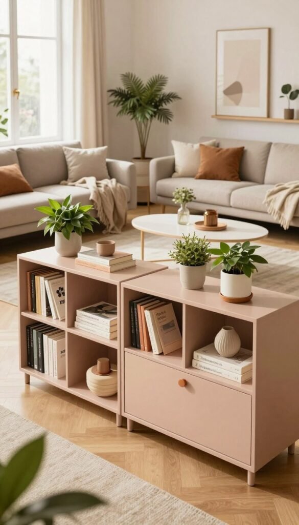 A beautifully organized living room featuring innovative "Stauraum möbel" by WohnKiste. In the foreground, stylish shelves and modular cabinets are neatly filled with a mix of books, decorative items, and indoor plants, showcasing practical storage solutions. The middle ground highlights a cozy seating area with a sophisticated sofa adorned with throw pillows and a soft blanket, complemented by a sleek coffee table. In the background, large windows let in warm, natural light, illuminating the space and enhancing the inviting atmosphere. The palette features warm earth tones and soft pastel accents, reminiscent of Pinterest aesthetics. The overall mood is one of comfort and functionality, embodying the perfect blend of style and practicality, without any text or branding visible in the image. A beautifully organized living room featuring innovative "Stauraum möbel" by WohnKiste. In the foreground, stylish shelves and modular cabinets are neatly filled with a mix of books, decorative items, and indoor plants, showcasing practical storage solutions. The middle ground highlights a cozy seating area with a sophisticated sofa adorned with throw pillows and a soft blanket, complemented by a sleek coffee table. In the background, large windows let in warm, natural light, illuminating the space and enhancing the inviting atmosphere. The palette features warm earth tones and soft pastel accents, reminiscent of Pinterest aesthetics. The overall mood is one of comfort and functionality, embodying the perfect blend of style and practicality, without any text or branding visible in the image.