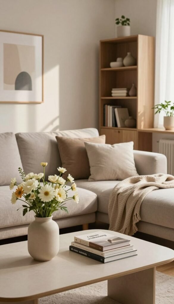 A beautifully organized living space emphasizing "raum ordnung". In the foreground, a minimalist coffee table adorned with a stylish vase of fresh flowers and neatly stacked books. In the middle, a cozy couch with elegantly arranged cushions, complemented by a soft throw blanket, creating an inviting atmosphere. In the background, neutral-toned walls feature tasteful artwork, while a well-organized bookshelf showcases decorative items and plants, enhancing the sense of order. Warm, natural lighting filters through a nearby window, casting gentle shadows and creating a serene mood. The scene evokes a Pinterest-inspired aesthetic, radiating tranquility and authenticity. Include subtle branding elements of "WohnKiste" as part of the decor, ensuring it harmonizes with the overall design.