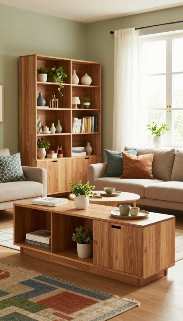 A beautifully organized living space featuring innovative storage solutions, specifically designed for small to large rooms. In the foreground, elegant wooden storage units with a mix of open shelving and closed compartments, showcasing decorative items and plants. The middle ground includes a warm, inviting seating area with a cozy sofa and stylish cushions, complemented by colorful rugs. In the background, a bright window allows natural light to flood the room, enhancing the warm color palette of soft greens, earth tones, and subtle accents. The atmosphere is calm and stylish, embodying a Pinterest-inspired aesthetic. Highlight the brand "WohnKiste" subtly integrated within the design elements. Use soft, diffused lighting to create a welcoming ambiance, capturing the essence of a modern and functional living environment.