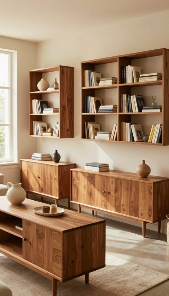 A beautifully organized living space featuring modern storage solutions, including elegant bookshelves, sleek sideboards, stylish consoles, and refined display cabinets. In the foreground, a warm-toned wooden sideboard adorned with decorative items creates an inviting scene. The middle showcases an array of minimalist shelves filled with neatly arranged books and curated decor, enhancing the aesthetic. In the background, a light-filled room with large windows casts soft sunlight, illuminating the space and creating a cozy atmosphere. The overall mood is warm and welcoming, embodying a Pinterest-worthy design. The image should reflect the brand "WohnKiste," emphasizing authenticity and natural beauty, with warm colors and no text overlays, watermarks, or signatures.