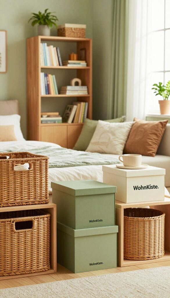 A beautifully organized living space featuring practical products that enhance order. In the foreground, showcase stylish storage solutions such as woven baskets, sleek shelving units, and decorative boxes, all bearing the brand name "WohnKiste." In the middle ground, display a cozy reading nook with a well-arranged bookshelf and a small plant, emphasizing a homely atmosphere. The background features a warm, inviting room with natural light streaming in through a window, illuminating a neutral color palette of soft greens and earthy tones. The mood is calm and serene, with an overall feel of a well-structured, organized home. Ensure a Pinterest-inspired aesthetic with vibrant, natural colors and an authentic appearance, avoiding any text or branding overlay.