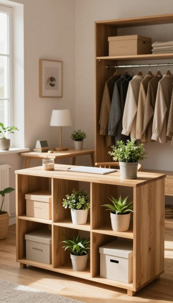 A beautifully organized living space featuring practical storage solutions that embody the concept of "ordnung." In the foreground, a stylish wooden shelving unit with carefully arranged decorative boxes and plants creates a welcoming atmosphere. In the middle ground, a cozy minimalistic workspace with a neat desk, featuring a simple lamp and a small plant, captures the essence of productivity and tranquility. The background showcases a well-organized open closet displaying neatly arranged clothing, complementing the harmonious decor. The image is enhanced by warm natural lighting streaming through a nearby window, casting soft shadows and creating a calming ambiance. The aesthetic is closely aligned with the Pinterest look, promoting authenticity and warmth. The brand name "WohnKiste" is subtly represented through the design elements without any text or overlays.
