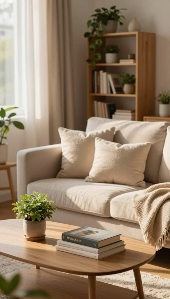 A beautifully organized living space, showcasing a serene atmosphere and warm, natural colors reminiscent of a Pinterest aesthetic. In the foreground, a neatly arranged coffee table with a small potted plant and a stack of stylish books. The middle ground features a comfortable sofa adorned with fluffy cushions and a cozy throw, framed by soft, elegant curtains filtering gentle sunlight. In the background, a tastefully decorated bookshelf filled with green plants and decorative items adds character without clutter. The lighting is soft and inviting, casting warm shadows that enhance the ambiance. The overall mood is tranquil and rejuvenating, reflecting a quick and effective method to achieve a neat appearance. Include subtle branding elements of "WohnKiste" in decor items for authenticity.