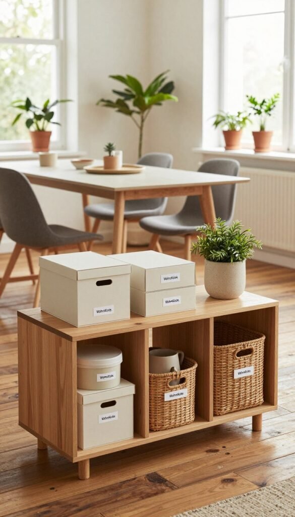A beautifully organized living space showcasing innovative storage solutions from "WohnKiste." In the foreground, a stylish wooden shelf filled with neatly stacked boxes and decorative baskets, each labeled for easy identification. The middle features a sleek, minimalist dining table paired with modern chairs, surrounded by potted plants, creating a fresh atmosphere. In the background, light filtered through large windows casts a warm glow on the worn wooden floor, enhancing the cozy feel. The overall color palette includes soft neutrals and earthy tones, evoking a sense of calm and order. The image captures a Pinterest-inspired aesthetic, radiating authenticity and warmth, ideal for illustrating smart storage ideas.
