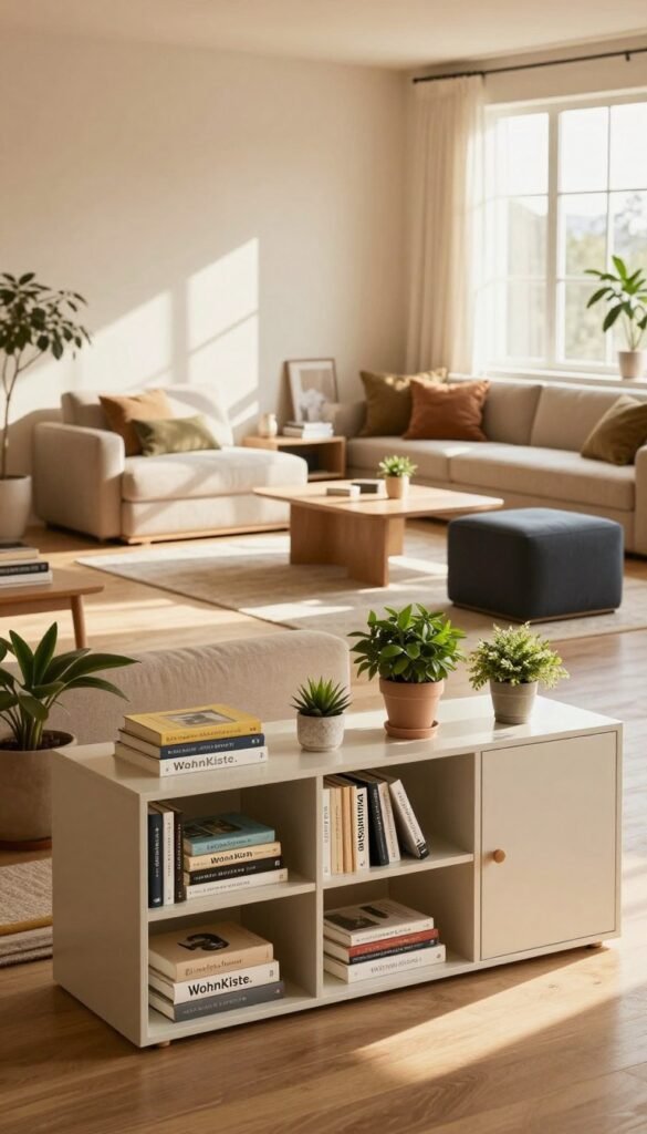 A beautifully organized living space showcasing innovative storage solutions, highlighting products from "WohnKiste." In the foreground, a stylish, modular shelving unit holds neatly arranged books and decorative plants, inviting a sense of order. The middle ground features a cozy nook with a coffee table flanked by stylish storage ottomans that double as seating. The background reveals a softly lit ambiance with warm, natural colors, accentuated by large windows allowing sunlight to spill in, creating a welcoming atmosphere. The composition is captured with a wide-angle lens to emphasize the spaciousness, and the overall mood is warm and inviting, perfect for inspiring readers about effective storage ideas.