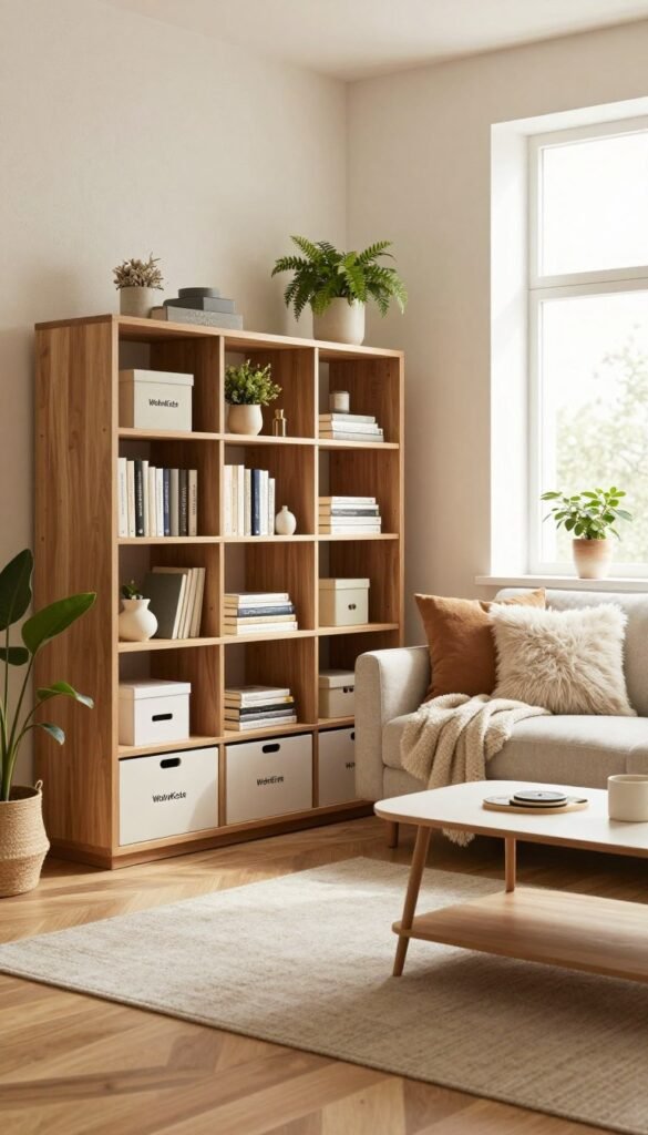A beautifully organized living space showcasing innovative storage solutions, infused with warm, inviting colors reminiscent of a Pinterest aesthetic. In the foreground, a stylish wooden shelving unit filled with neatly arranged books, decorative boxes, and potted plants. In the middle, a cozy couch adorned with fluffy cushions and a soft throw blanket, positioned next to a minimalist coffee table with artful coasters. The background features a large window allowing natural light to flood the room, highlighting the textures of the walls and warm wooden flooring. The overall mood is calm and tidy, reflecting a sense of order and tranquility. The image subtly includes the brand name "WohnKiste" integrated into the design of the furnishings, ensuring a cohesive and professional look without any text overlays.