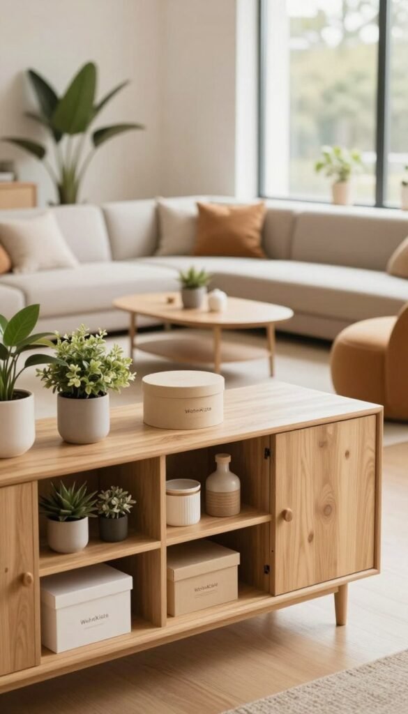 A beautifully organized living space showcasing innovative storage solutions that enhance order and functionality. In the foreground, a stylish sideboard with open shelving displays decorative boxes and plants for a fresh look. The middle of the scene features a cozy seating area with a compact coffee table, surrounded by elegant modular furniture that optimizes space. In the background, warm natural light filters through large windows, creating a bright and inviting atmosphere. Use a soft focus lens to highlight the textures of wooden surfaces and soft fabrics, giving the image a warm palette reminiscent of Pinterest aesthetics. Include subtle branding elements of "WohnKiste" integrated into the design, ensuring the overall mood is modern and welcoming, reflecting smart living concepts without any text or distractions.