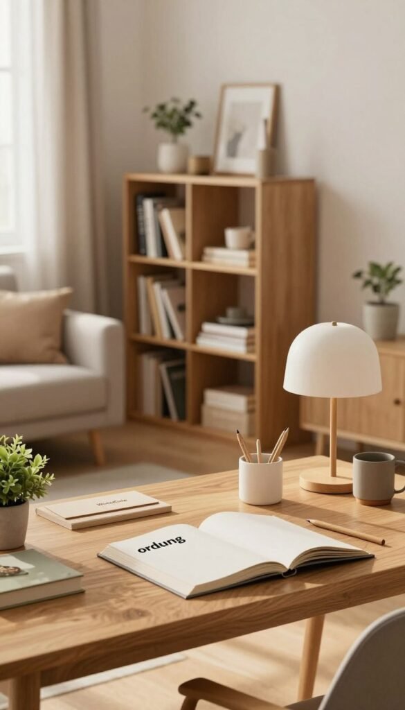 A beautifully organized living space showcasing the concept of "ordnung". In the foreground, a neatly arranged wooden desk adorned with minimalist stationery, a stylish lamp, and a small plant adds warmth. In the middle, a cozy living room featuring a well-organized bookshelf, with books and decorative items harmoniously placed, emphasizes a sense of order. The background displays a soft, inviting color palette with warm lighting streaming through a window, creating a serene atmosphere. The scene captures a Pinterest-inspired aesthetic, free of text or distractions, conveying the essence of a tidy home. A subtle brand logo for "WohnKiste" can be integrated into the decor elements, enhancing the sense of authenticity and style.
