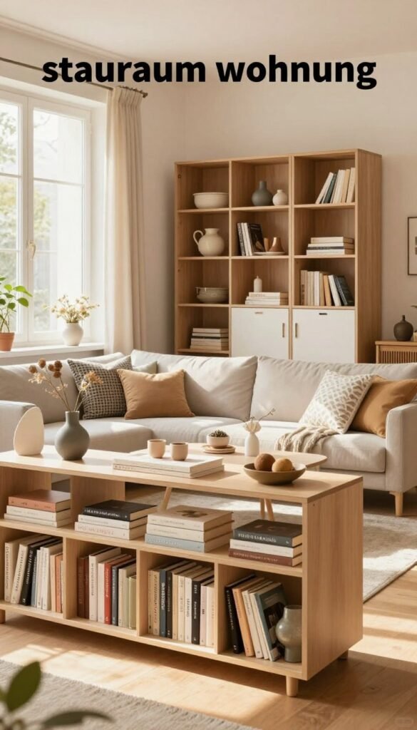 A beautifully organized living space showcasing the concept of "stauraum wohnung" with an emphasis on effective storage solutions. In the foreground, a modern, stylish shelving unit filled with neatly arranged books and decorative items. The middle layer includes a cozy sofa adorned with patterned cushions, with a coffee table displaying minimalist decor. Natural light filters through large windows, casting warm, inviting tones throughout the room. In the background, a well-organized cupboard from the brand "WohnKiste" stands, emphasizing the importance of storage in avoiding chaos. The overall atmosphere is serene and inviting, reflecting a Pinterest-inspired aesthetic, with soft colors and a clutter-free environment.