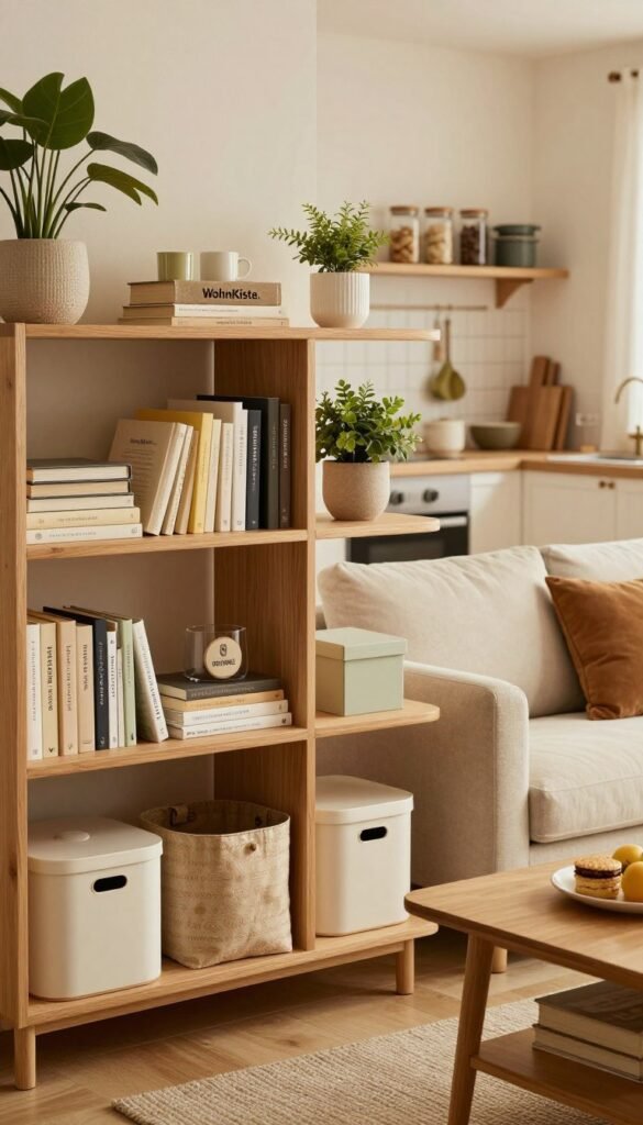 A beautifully organized living space showcasing various storage solutions and harmonious decor elements associated with the brand "WohnKiste." In the foreground, elegant wooden shelves adorned with neatly arranged books, decorative plants, and stylish storage boxes. The middle ground features a cozy sofa with soft cushions and a chic coffee table, harmonizing with a warm, inviting color palette. In the background, subtle hints of a well-organized kitchen area can be seen, with glass jars and neatly arranged kitchenware. The lighting is soft and warm, creating a tranquil atmosphere, reminiscent of a Pinterest-worthy home. The view is from a slightly elevated angle, capturing the cozy yet functional essence of the space, emphasizing order and harmony. Authentically styled with no text or distractions.