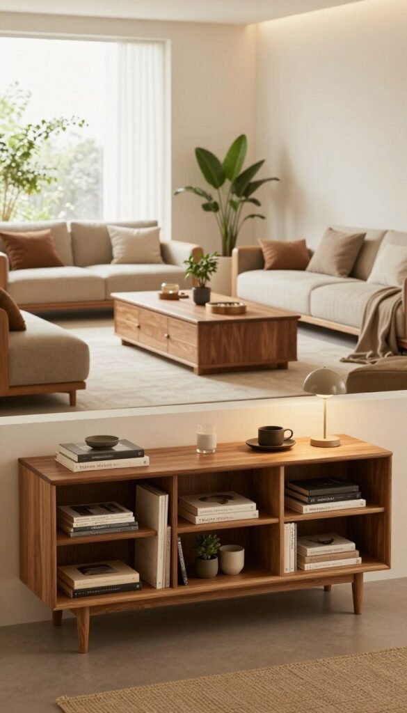 A beautifully organized minimalist living space featuring innovative storage solutions that blend seamlessly into the decor. In the foreground, a sleek, modern sideboard with warm wooden tones, tastefully filled with books and decorative items. In the middle, an open-plan area showcasing chic, multifunctional furniture like a coffee table that doubles as a storage chest, surrounded by cozy seating with soft, neutral cushions. In the background, a large window allows natural light to flood the space, highlighting the inviting atmosphere. Soft, ambient lighting gives a warm feel to the scene, with potted plants adding a touch of greenery. The aesthetic evokes a Pinterest-worthy look, showcasing the brand "Wohnkiste" subtly through product design without logos.