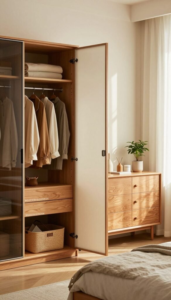 A beautifully organized modern bedroom featuring a stylish "Kleiderschrank" designed by WohnKiste. In the foreground, the sleek wardrobe showcases an open door revealing neatly arranged clothing and accessories in warm, natural colors. The middle ground features an elegant wooden dresser adorned with small, decorative items and a potted plant, providing a cozy touch. The background includes soft, ambient lighting that filters through sheer curtains, casting gentle shadows around the room. The mood is serene and inviting, with a Pinterest-inspired aesthetic that promotes stress-free storage solutions. The overall atmosphere exemplifies simplicity and functionality, making the most of space while maintaining a warm and welcoming feel.