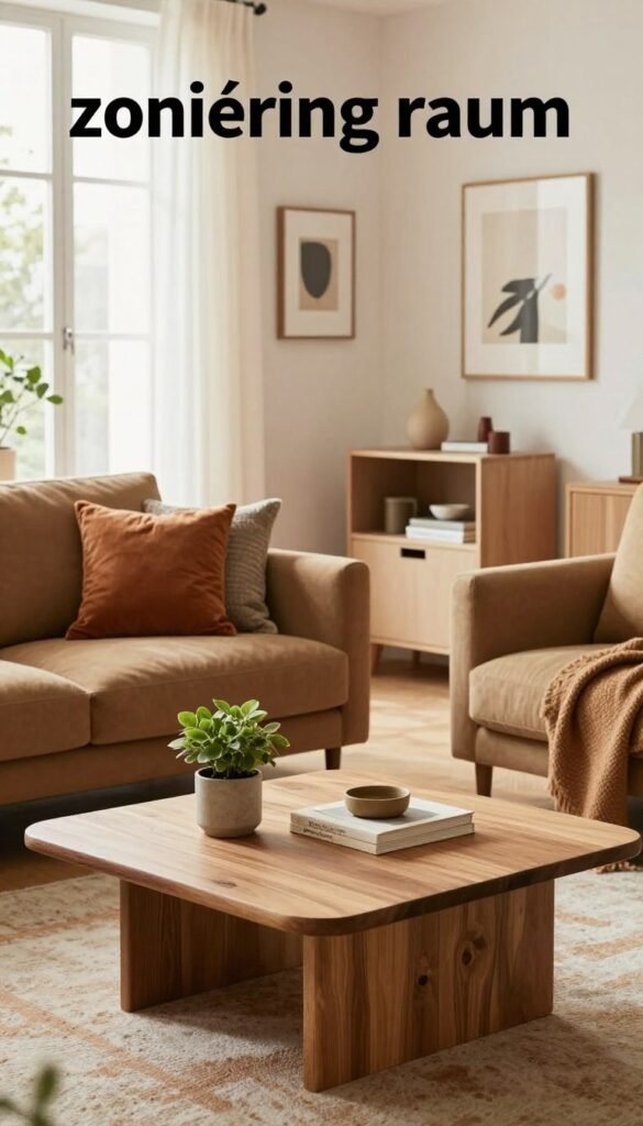 A beautifully organized modern living room, showcasing an effective "zonierung raum" concept. In the foreground, a stylish coffee table made of natural wood, adorned with a small potted plant and a decorative book. The middle ground reveals a cozy couch with warm, textured cushions, positioned to create an inviting conversation area. A soft area rug in earthy tones lies beneath. In the background, large windows allow natural light to flood the space, highlighting neutral walls and minimalist art pieces. Warm colors dominate the scene, creating an inviting atmosphere, reminiscent of a Pinterest aesthetic. Include elements branded with "WohnKiste," like a chic storage unit or home accessory, subtly integrated into the decor. The image should embody a serene yet vibrant mood, reflecting modern design principles.