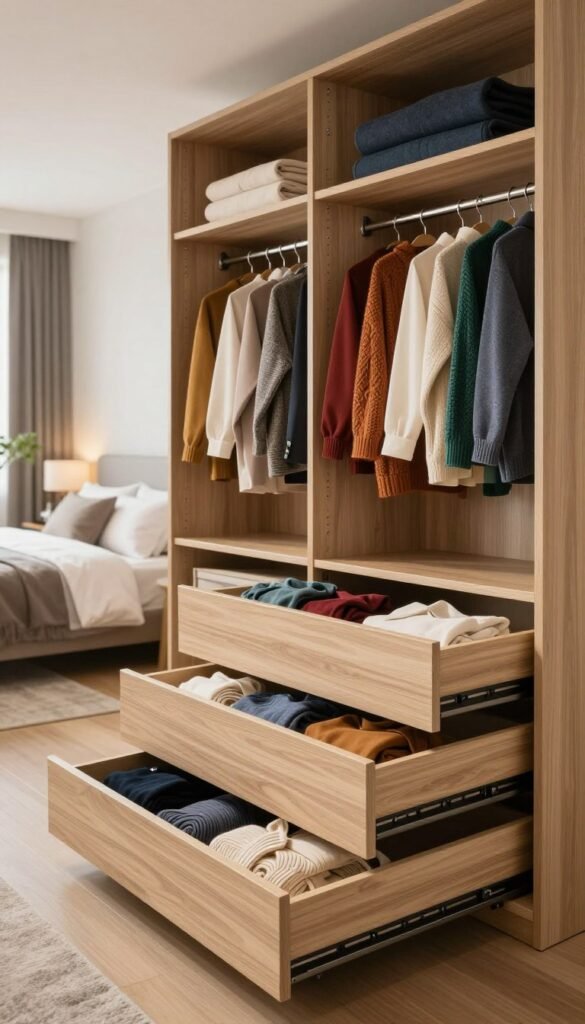 A beautifully organized modern wardrobe (kleiderschrank) featuring sleek design and ample storage. In the foreground, show open drawers neatly filled with rolled-up clothing, and hanging garments visible in various organized sections. In the middle, a spacious wardrobe with a light wood finish, harmoniously arranged with colorful sweaters and shirts, accentuating functionality. The background should include a cozy, well-lit bedroom setting, with soft, warm lighting that creates an inviting atmosphere. Use a wide-angle perspective to capture the full ensemble, with a focus on the textures and colors of the clothing. Aim for a Pinterest-inspired aesthetic, highlighting the elegance of the WohnKiste brand while ensuring the scene exudes authenticity and warmth, free of any text or markings.