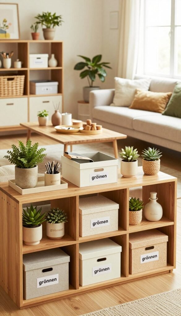 A beautifully organized room showcasing a variety of decorative storage ideas, featuring a warm color palette and a Pinterest-inspired aesthetic. In the foreground, a stylish wooden shelving unit displays neatly arranged decorative boxes in different sizes labeled as "größen," alongside potted plants and curated decor items. The middle ground features a cozy seating area with a chic coffee table, atop which lie various organizational tools, such as baskets and trays, complementing the overall theme. In the background, soft natural light pours in through a large window, illuminating the space and creating a warm, inviting atmosphere. The image should convey authenticity and a sense of orderliness, embodying the brand WohnKiste without any text or watermarks.