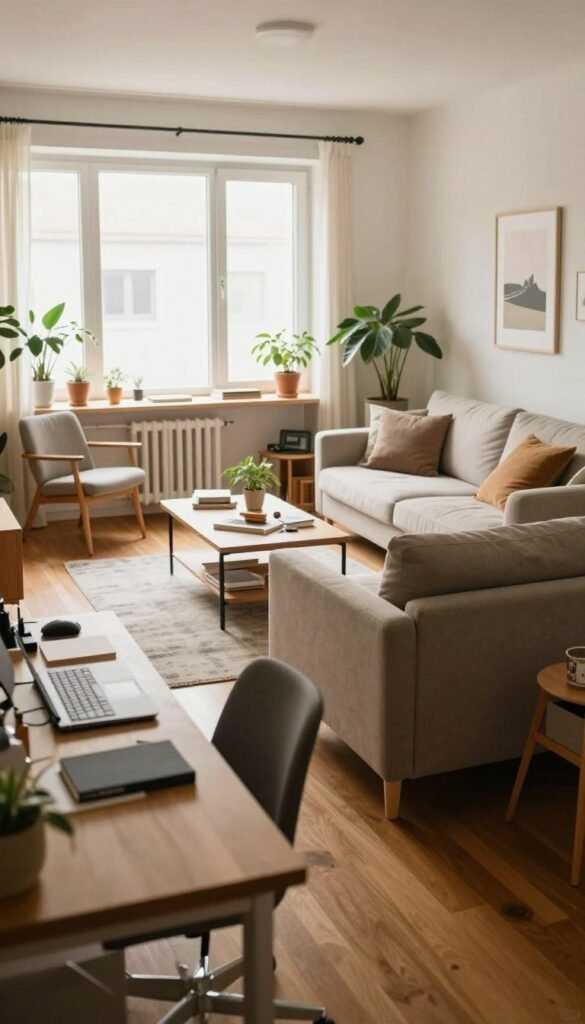 A beautifully organized room showcasing common space planning mistakes, like overcrowded furniture and misguided layout. In the foreground, a cluttered desk and an awkwardly positioned sofa demonstrate poor arrangement. In the middle ground, a well-planned living area features a balance of furniture, natural light streaming through large windows, and thoughtful use of space, creating a contrast. The background contains soft, warm colors with decorative plants and artwork, enhancing the cozy atmosphere. The scene exhibits a Pinterest-inspired aesthetic, emphasizing authenticity. The overall mood should be calm and inviting, evoking a sense of careful consideration in design. Include subtle brand details that hint at "WohnKiste". Natural lighting, soft focus, and a slight angle enhance depth. No text or watermarks.