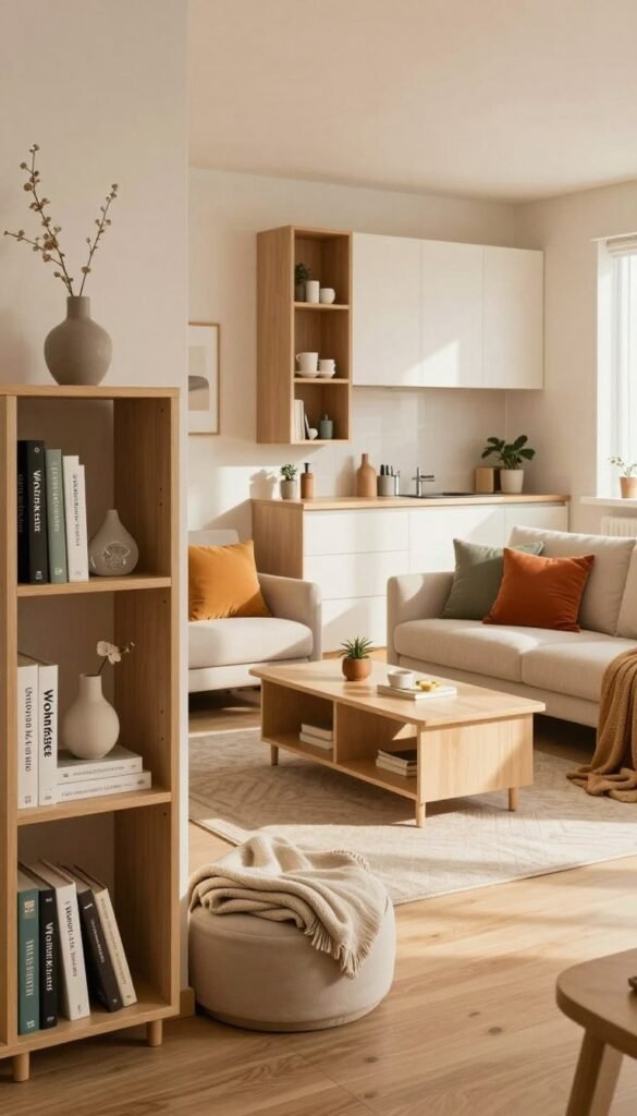 A beautifully organized small apartment showcasing innovative storage solutions, emphasizing the clever use of space. In the foreground, a stylish shelving unit displays books and decorative items, while a cozy reading nook features a neatly folded throw and a small side table. The middle ground reveals a multifunctional coffee table with storage beneath, surrounded by a comfortable sofa adorned with vibrant cushions. In the background, a minimalist kitchen area highlights smart cabinetry and hanging storage, bathed in warm, natural light, creating an inviting atmosphere. Soft shadows and a warm color palette evoke a Pinterest-like aesthetic. The brand "WohnKiste" is subtly implied through design elements, ensuring an authentic and professional vibe without text overlays.