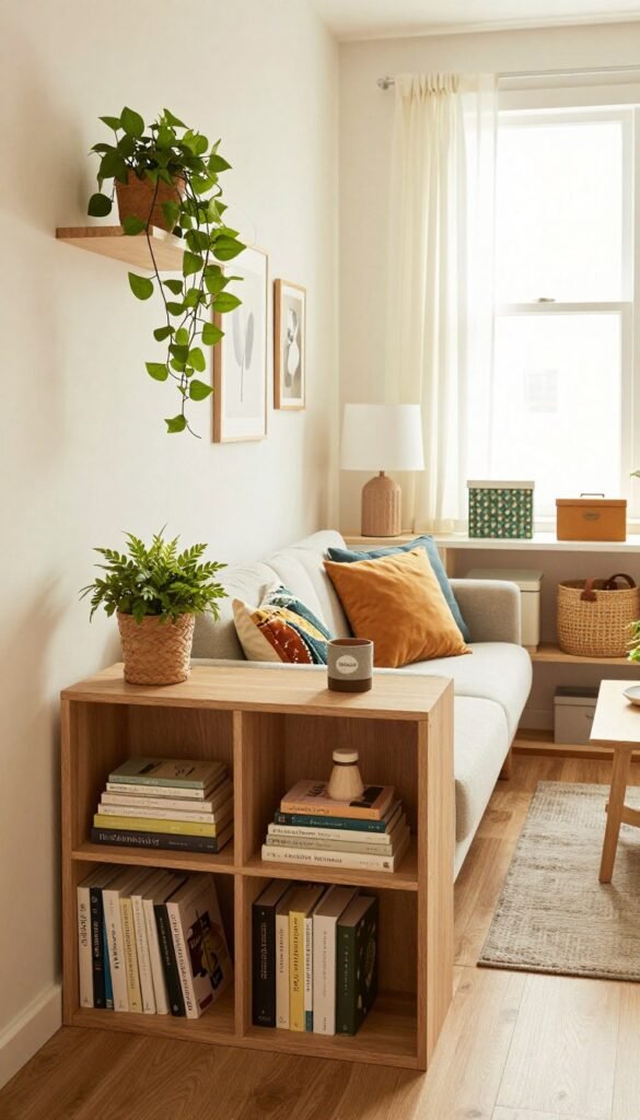 A beautifully organized small living space featuring clever storage solutions that maintain a stylish and welcoming atmosphere. In the foreground, a minimalist wooden bookshelf filled with neatly arranged books and decorative plants. In the middle, a cozy, compact sofa adorned with colorful cushions, paired with a modern side table holding a decorative lamp and a small plant. In the background, a bright window with sheer curtains allowing warm, natural light to fill the room, highlighting various decorative boxes and baskets that blend seamlessly with the decor. The overall mood is inviting and charming, resembling a Pinterest-inspired aesthetic. The brand name "WohnKiste" subtly integrated into the decor elements, enhancing the theme of smart and attractive storage ideas without clutter.