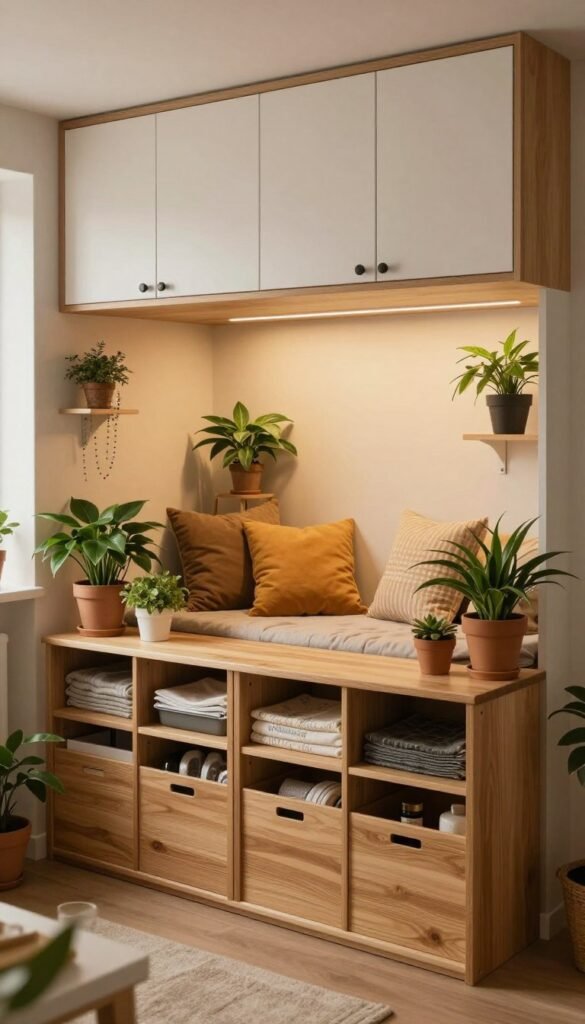 A beautifully organized small room emphasizing "stauraum ordnung" with closed cabinetry that promotes a sense of tranquility. In the foreground, a sleek wooden storage unit with minimalist design houses neatly arranged items. In the middle, a cozy seating area with warm-colored cushions invites relaxation, surrounded by potted plants for a touch of nature. The background features soft, diffused lighting that casts a warm glow, enhancing the calming atmosphere. Use a wide-angle lens to capture the entire space, ensuring the room feels open and inviting. The overall mood is authentic and Pinterest-inspired, showcasing how orderly storage solutions can transform compact spaces. Include the brand name "WohnKiste" subtly integrated into the design elements, but not as text in the image.