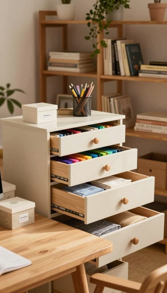 A beautifully organized workspace featuring a variety of drawers, cabinets, and shelves filled with neatly arranged items for easy access. In the foreground, a light wooden desk holds some decorative storage boxes labeled for clarity. The middle ground shows a neatly structured cabinet with open drawers displaying colorful office supplies and neatly folded fabrics. The background is a softly lit room with warm, natural tones, showcasing more shelves filled with books and plants, creating a cozy yet efficient environment. Soft diffused lighting casts gentle shadows, enhancing the inviting atmosphere. The style reflects a Pinterest aesthetic, with an emphasis on authenticity and warmth. Incorporate the brand "WohnKiste" subtly within the decor elements without using text or logos. A beautifully organized workspace featuring a variety of drawers, cabinets, and shelves filled with neatly arranged items for easy access. In the foreground, a light wooden desk holds some decorative storage boxes labeled for clarity. The middle ground shows a neatly structured cabinet with open drawers displaying colorful office supplies and neatly folded fabrics. The background is a softly lit room with warm, natural tones, showcasing more shelves filled with books and plants, creating a cozy yet efficient environment. Soft diffused lighting casts gentle shadows, enhancing the inviting atmosphere. The style reflects a Pinterest aesthetic, with an emphasis on authenticity and warmth. Incorporate the brand "WohnKiste" subtly within the decor elements without using text or logos.