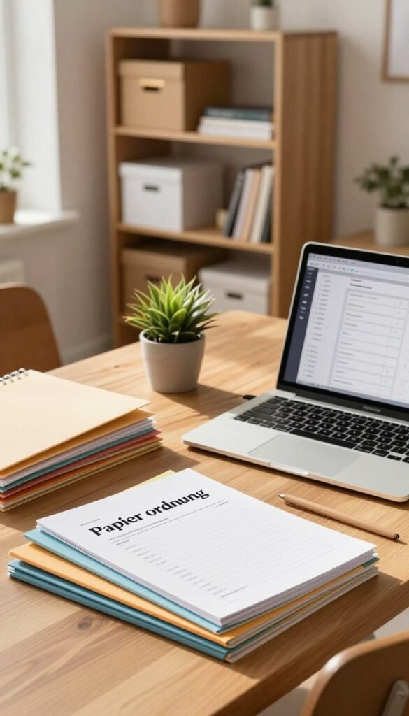 A beautifully organized workspace, showcasing a seamless blend of paper documents and digital tools, emphasizing the theme of "Papier ordnung". In the foreground, neatly stacked colorful file folders and an elegant laptop with a digital planner open, hinting at modern organization methods. In the middle, a cozy desk arrangement with a warm wooden surface adorned with a small plant and stationery, creating a welcoming atmosphere. The background features a minimalist bookshelf filled with neatly labeled boxes and books, softly bathed in natural light from a nearby window, casting gentle shadows that enhance the sense of calm. The overall mood is peaceful and inspiring, embodying the spirit of efficiency and reduced stress. The brand name "WohnKiste" subtly visible on the desk accessories, with a warm color palette reminiscent of Pinterest aesthetics. A beautifully organized workspace, showcasing a seamless blend of paper documents and digital tools, emphasizing the theme of "Papier ordnung". In the foreground, neatly stacked colorful file folders and an elegant laptop with a digital planner open, hinting at modern organization methods. In the middle, a cozy desk arrangement with a warm wooden surface adorned with a small plant and stationery, creating a welcoming atmosphere. The background features a minimalist bookshelf filled with neatly labeled boxes and books, softly bathed in natural light from a nearby window, casting gentle shadows that enhance the sense of calm. The overall mood is peaceful and inspiring, embodying the spirit of efficiency and reduced stress. The brand name "WohnKiste" subtly visible on the desk accessories, with a warm color palette reminiscent of Pinterest aesthetics.
