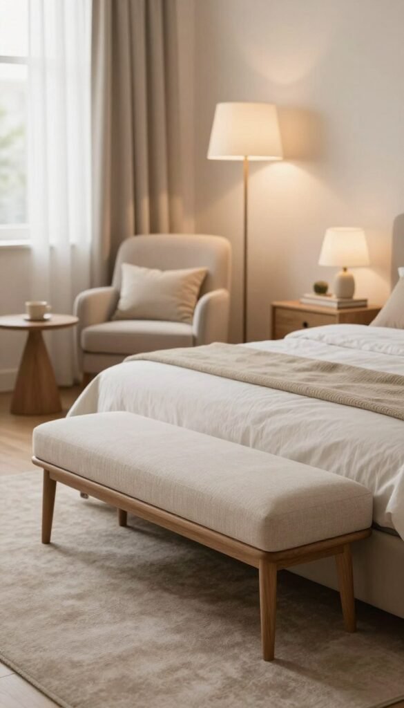 A beautifully styled bedroom featuring a tasteful bettbank (bed bench) by the brand WohnKiste, positioned at the foot of a beautifully made bed. The foreground showcases the elegant wooden bettbank, upholstered in soft, neutral tones, adorned with cozy throw pillows for added comfort. In the middle ground, a small reading nook complete with a plush armchair and a floor lamp casts a warm glow, inviting relaxation. The background includes subtle elements like a softly illuminated window with sheer curtains allowing natural light to filter in, creating an airy atmosphere. The overall mood is warm, serene, and inviting, with a Pinterest-inspired aesthetic that emphasizes natural colors and authenticity, free of any text or branding within the image.