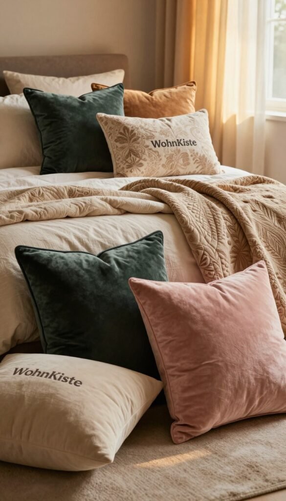 A beautifully styled bedroom featuring an array of elegant "kissen" (cushions) in various textures and colors, arranged artfully on a plush bed with coordinating bedding. The foreground showcases soft, oversized cushions in rich fabrics like velvet and linen, with intricate patterns and a mix of warm colors like deep greens, soft pinks, and warm neutrals. In the middle, a luxurious quilt drapes over the edge of the bed, hinting at the cozy atmosphere. In the background, softly diffused golden light filters through sheer curtains, illuminating the serene space and enhancing the warm color palette. The overall mood is inviting and sophisticated, evoking a relaxing retreat. Incorporate elements of modern design, and ensure the aesthetic aligns with the brand "WohnKiste".