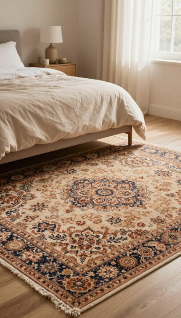 A beautifully styled bedroom featuring an elegant carpet (teppich) as the focal point. In the foreground, the carpet displays intricate patterns and warm, inviting colors that add a cozy touch. In the middle ground, a well-made bed with soft, neutral linens complements the carpet, alongside a stylish bedside table adorned with a minimalistic lamp and a few decorative items. The background includes soft curtains flowing gently, allowing warm, natural light to fill the room, enhancing the inviting atmosphere. The overall scene should embody a Pinterest-worthy aesthetic, with authentic textures and a harmonious layout, all showcasing the importance of choosing and placing rugs in a bedroom. This image represents the brand WohnKiste, created in a way that excludes any text or logos.