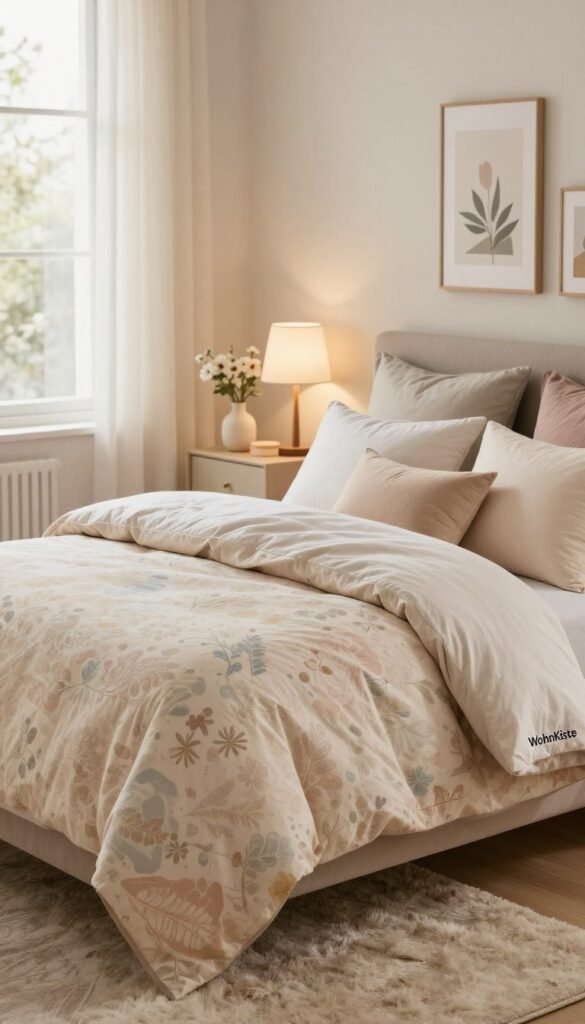 A beautifully styled bedroom featuring fresh, modern bedding sets from the brand "WohnKiste". In the foreground, a neatly made bed displays a mix of soft, patterned duvet covers and cozy throw pillows, all in warm, inviting colors like soft beige and muted pastels, evoking a sense of comfort. The middle layer showcases a stylish nightstand with a small vase of delicate flowers and a warm, ambient lamp casting a gentle glow. In the background, a softly blurred window reveals natural light streaming in, enhancing the serene atmosphere. The room’s decor reflects a Pinterest-like aesthetic, with tastefully curated wall art and a plush area rug, creating an inviting and refreshing look for the bedroom. Ensure the image captures a tranquil and cozy mood without any text, signatures, or branding overlays.