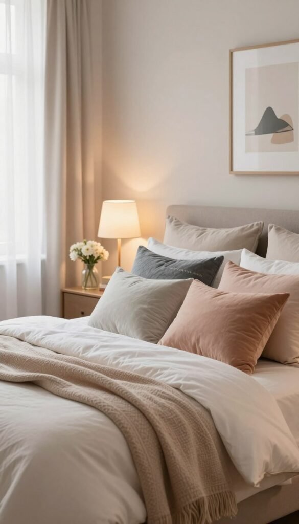 A beautifully styled bedroom featuring luxurious "Bettwäsche" by WohnKiste. In the foreground, an elegantly made bed showcases a combination of plush pillows with various textures and colors: soft whites, muted pastels, and rich, earthy tones. A cozy, inviting bedspread gently drapes over the edges, adding depth. In the middle, delicate table lamps with warm light cast a soothing glow, complemented by a small bedside table adorned with a fresh vase of flowers. The background reveals softly blurred walls painted in calming shades, with a minimalist art piece hanging above the bed, enhancing the overall aesthetic. The atmosphere is warm and inviting, embodying a Pinterest-inspired decor style, perfect for a fresh, stylish bedroom upgrade. Natural light filters through sheer curtains, creating a serene and uplifting mood.